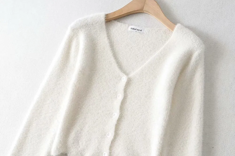 Single-breasted V-neck Ruffles Hem Knitting Cardigans