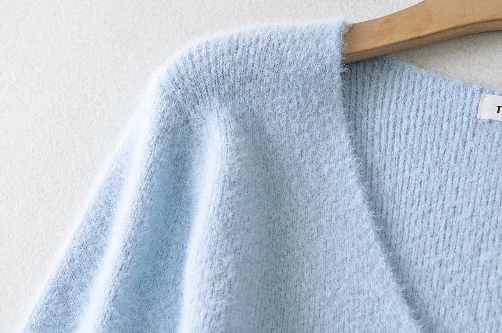 Single-breasted V-neck Ruffles Hem Knitting Cardigans