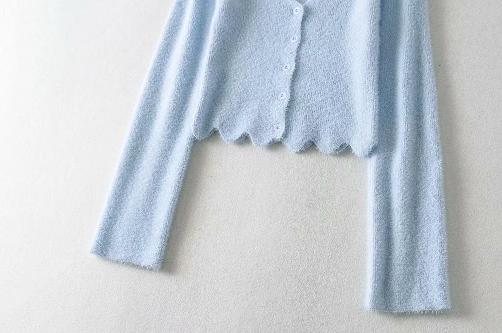 Single-breasted V-neck Ruffles Hem Knitting Cardigans