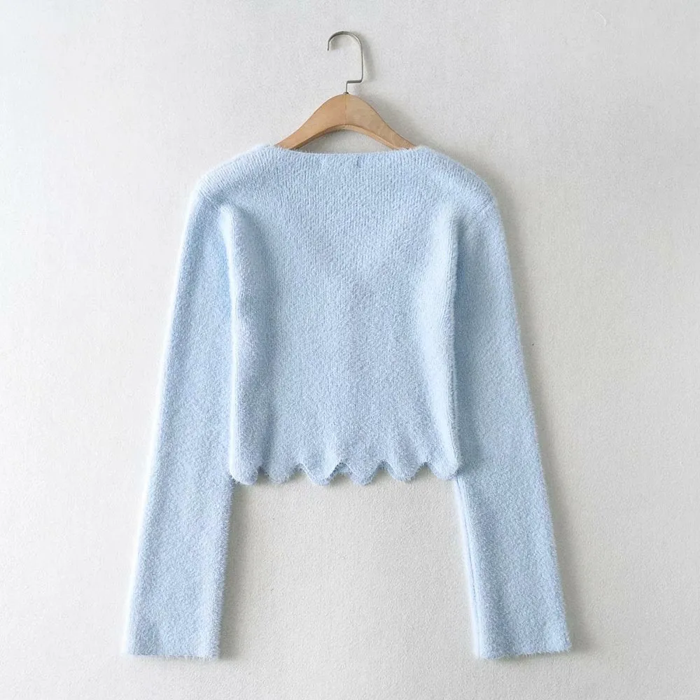 Single-breasted V-neck Ruffles Hem Knitting Cardigans