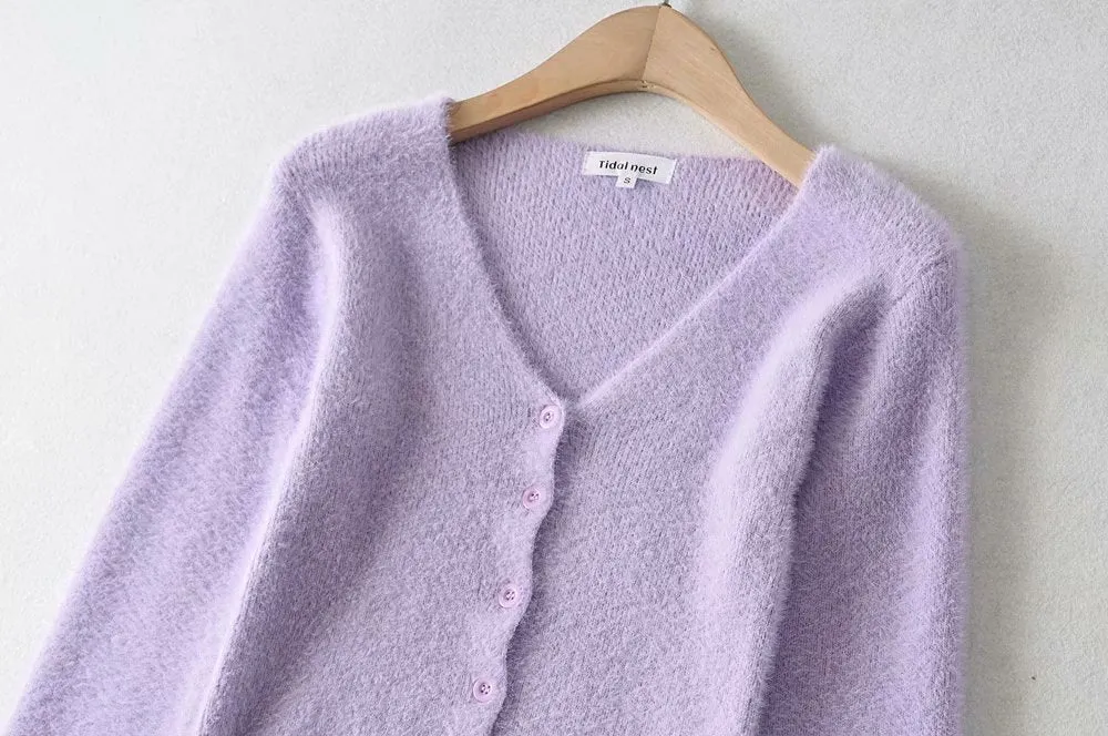Single-breasted V-neck Ruffles Hem Knitting Cardigans