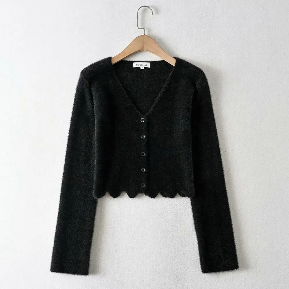 Single-breasted V-neck Ruffles Hem Knitting Cardigans