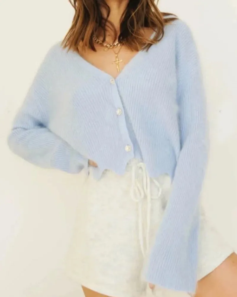 Single-breasted V-neck Ruffles Hem Knitting Cardigans