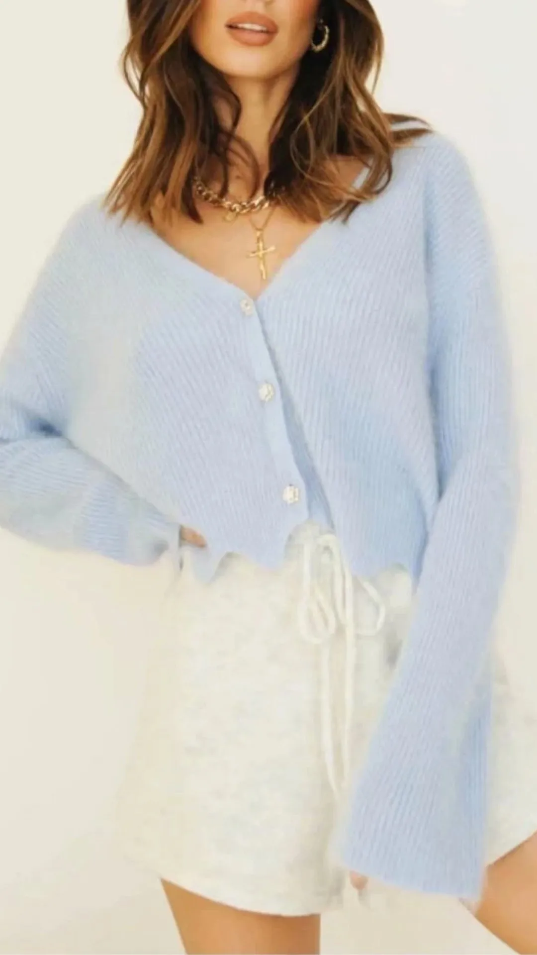 Single-breasted V-neck Ruffles Hem Knitting Cardigans