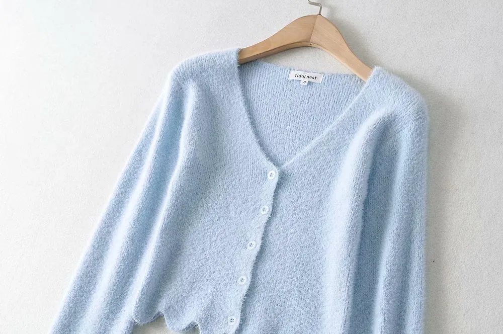 Single-breasted V-neck Ruffles Hem Knitting Cardigans