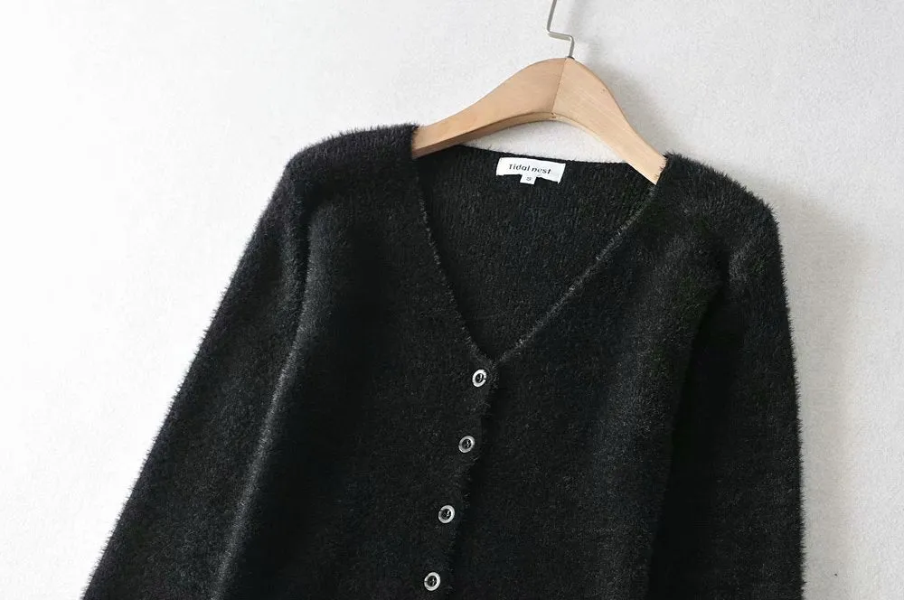 Single-breasted V-neck Ruffles Hem Knitting Cardigans