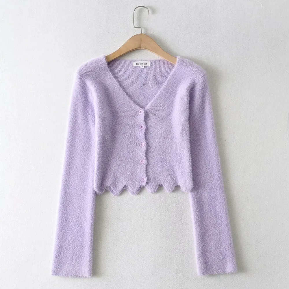 Single-breasted V-neck Ruffles Hem Knitting Cardigans