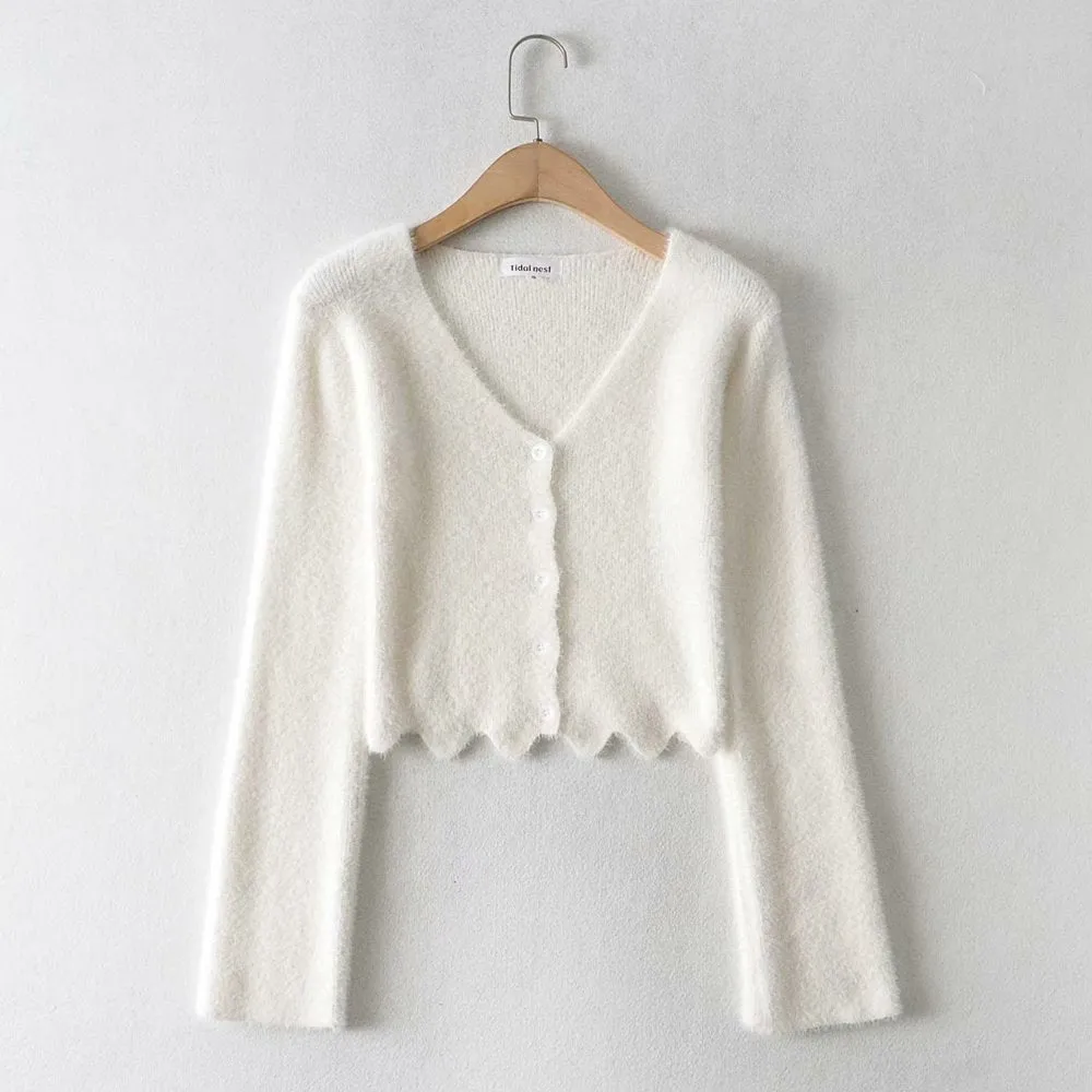 Single-breasted V-neck Ruffles Hem Knitting Cardigans