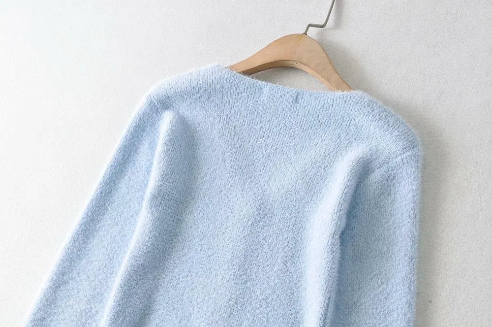 Single-breasted V-neck Ruffles Hem Knitting Cardigans