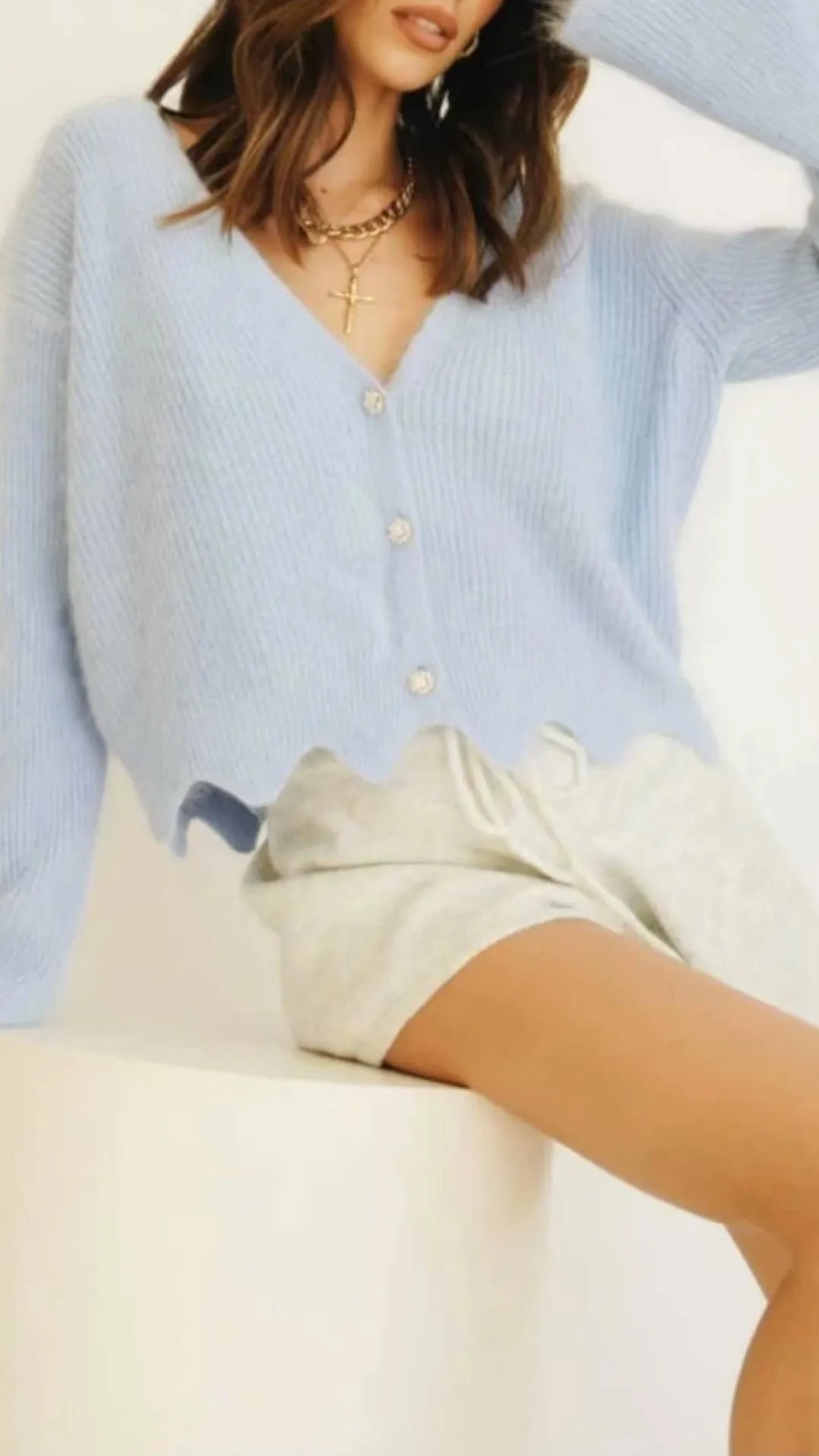 Single-breasted V-neck Ruffles Hem Knitting Cardigans