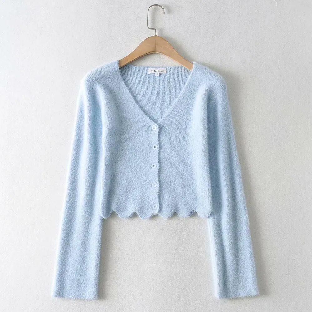 Single-breasted V-neck Ruffles Hem Knitting Cardigans