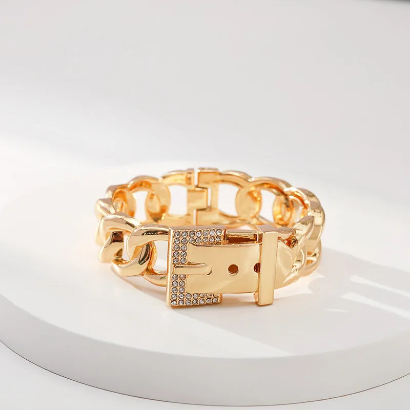 Sisslia Fashion Cuff Bracelet Wide Crystals Belt Buckle Cuban Curb Open Link Chain Bangle Bracelet For Women