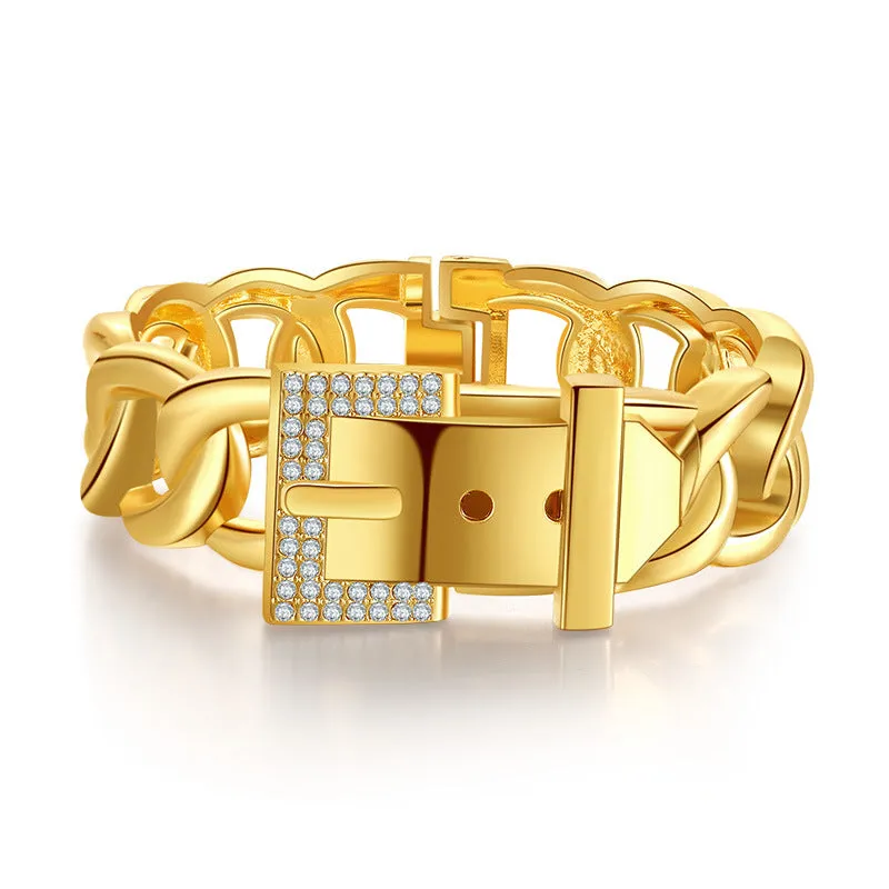 Sisslia Fashion Cuff Bracelet Wide Crystals Belt Buckle Cuban Curb Open Link Chain Bangle Bracelet For Women