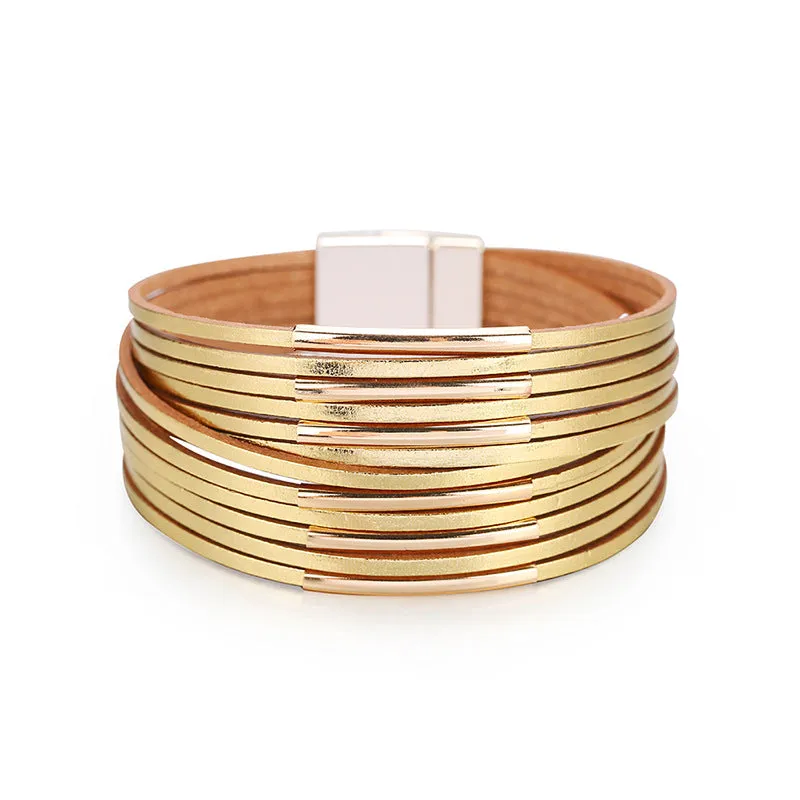 Sisslia Multi Layer Leather Bangle Women Magnetic Buckle Leather Bangle Exaggerated Bangle Fashion Jewelry