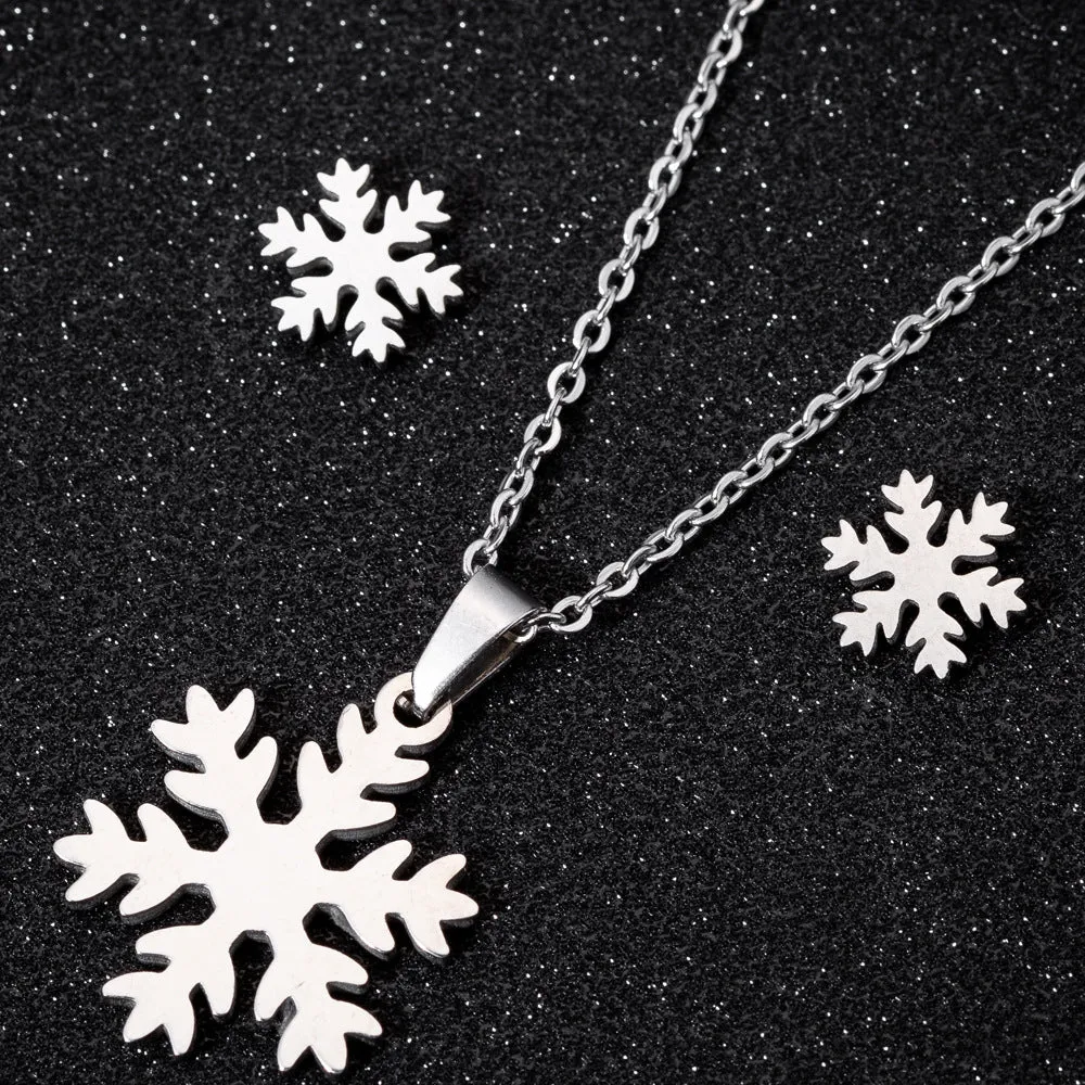 SISSLIA Wholesale Stainless Steel 18k Gold Silver Plated Charm Snowflake Pendant Necklace Set For Women