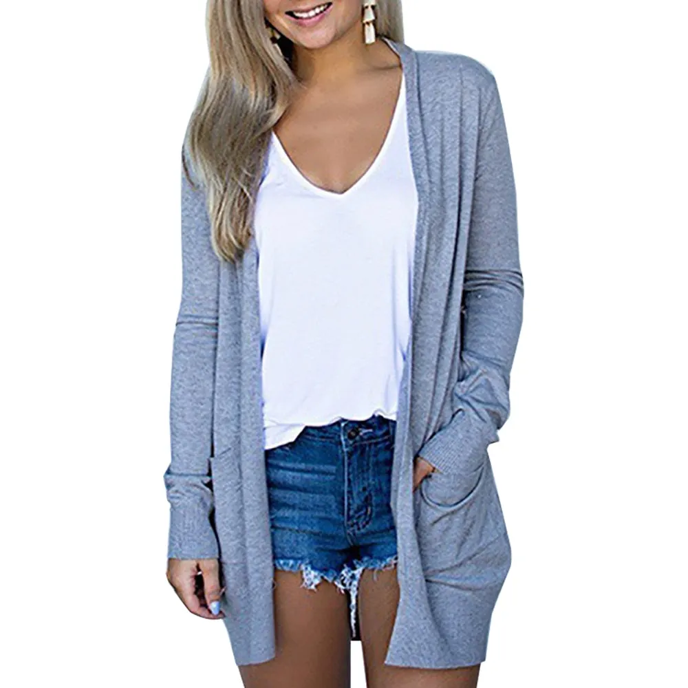 Solid Women Cardigans Long Sleeve Loose Mid Length Casual Sweater