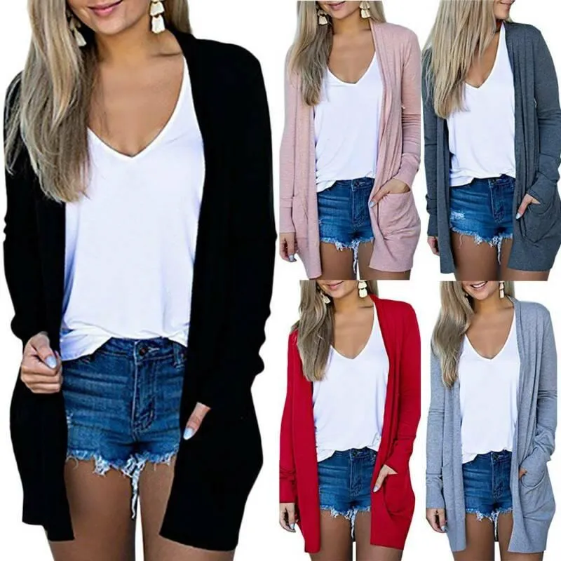 Solid Women Cardigans Long Sleeve Loose Mid Length Casual Sweater