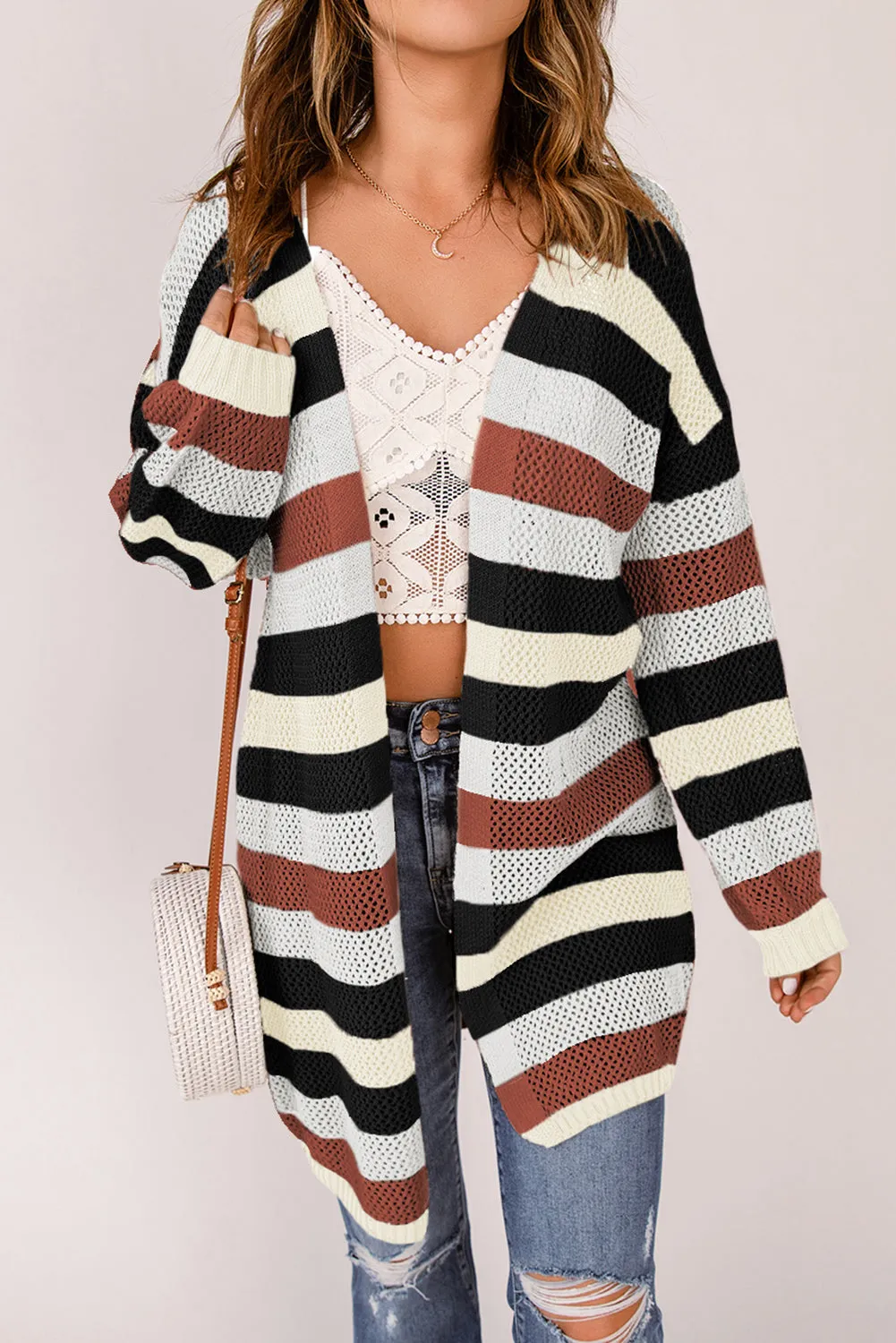 Striped Hollowed Knit Cardigan