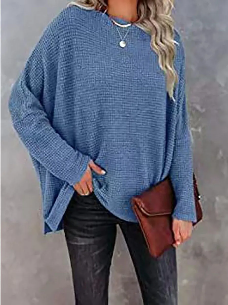 Stunncal Solid Color Knitted Bat Long Sleeve Sweater