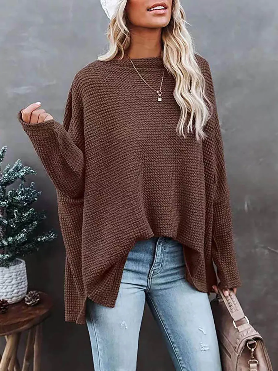 Stunncal Solid Color Knitted Bat Long Sleeve Sweater