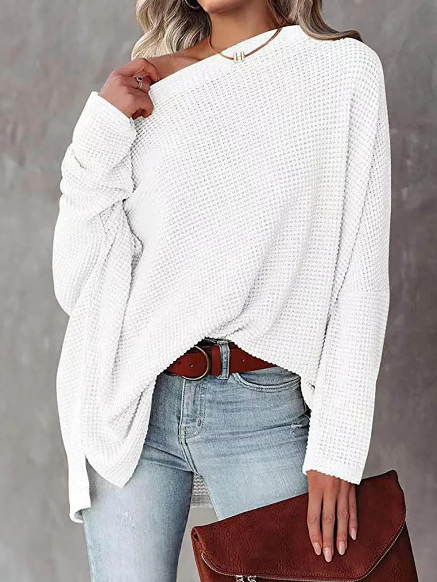 Stunncal Solid Color Knitted Bat Long Sleeve Sweater