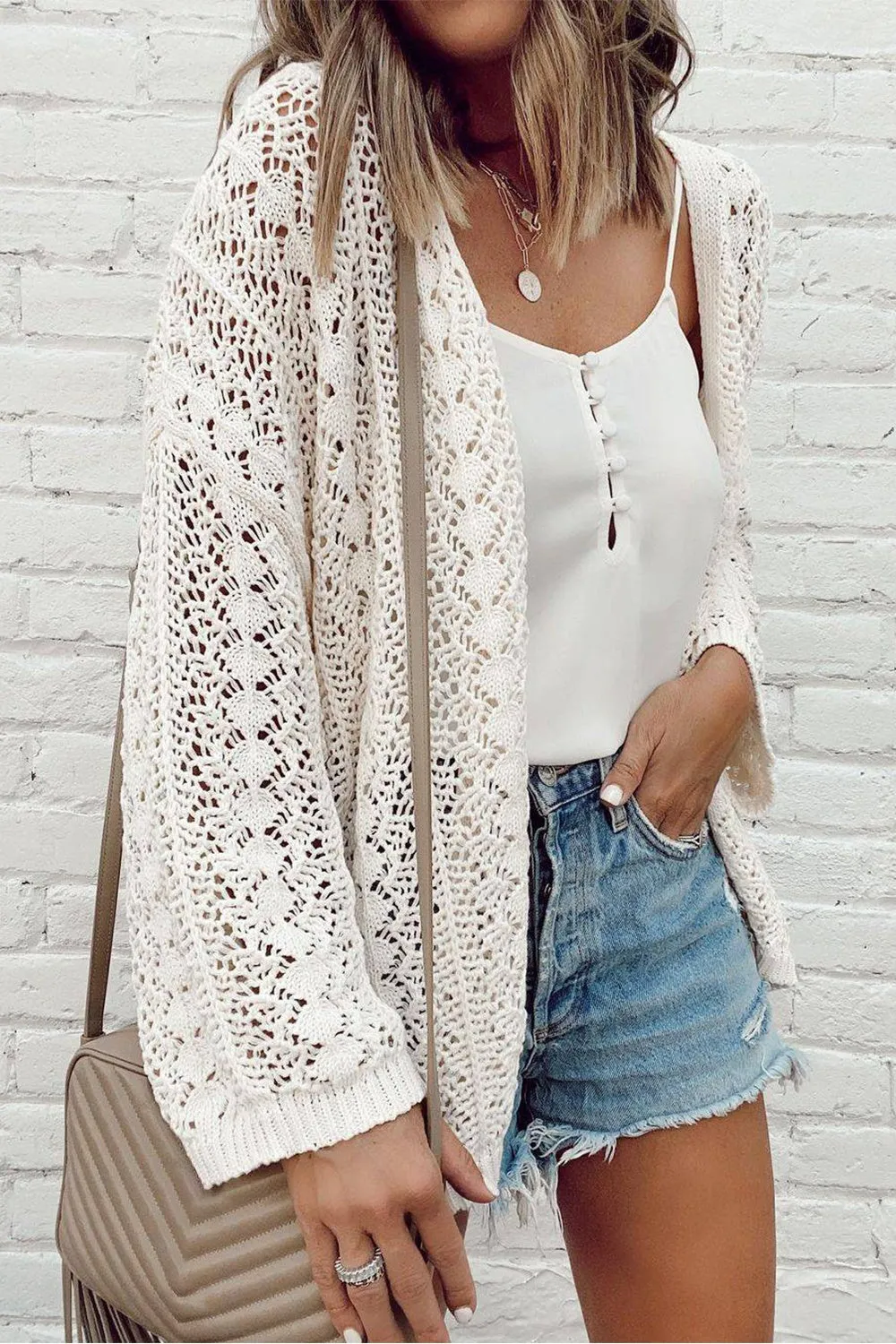 Thora Openwork Open Front Dropped Shoulder Cardigan