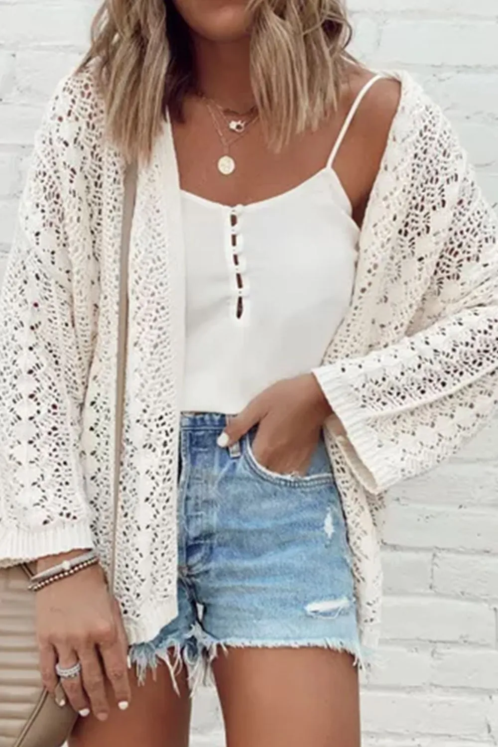 Thora Openwork Open Front Dropped Shoulder Cardigan