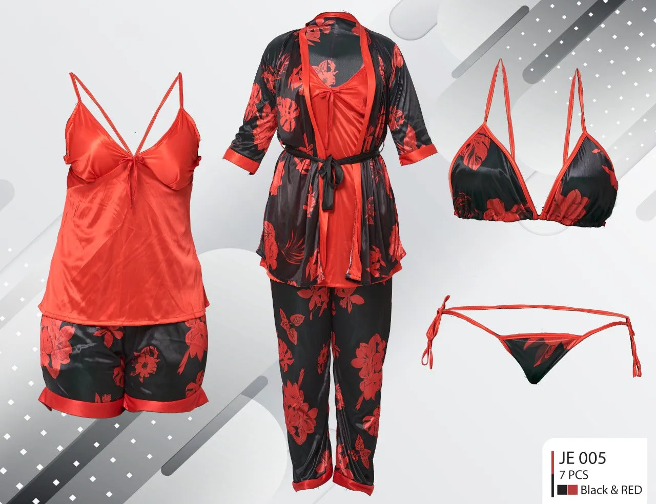 Two Hearts Sexy 7 Pcs Silk Nighty Set - JE-005