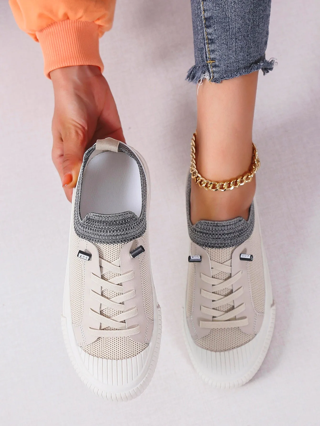 Two Tone Lace Up Design Canvas Skate Sneakers - Beige