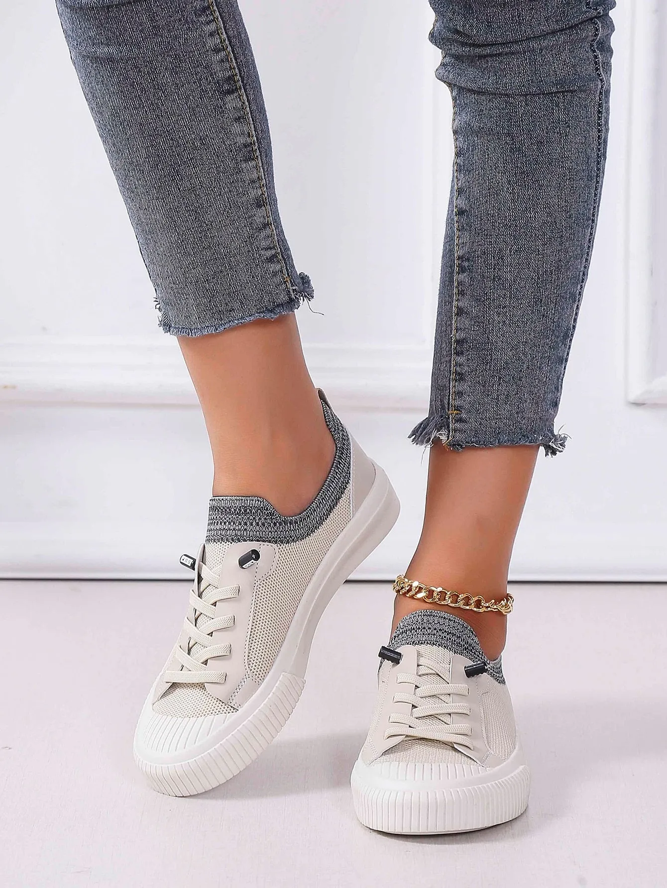 Two Tone Lace Up Design Canvas Skate Sneakers - Beige