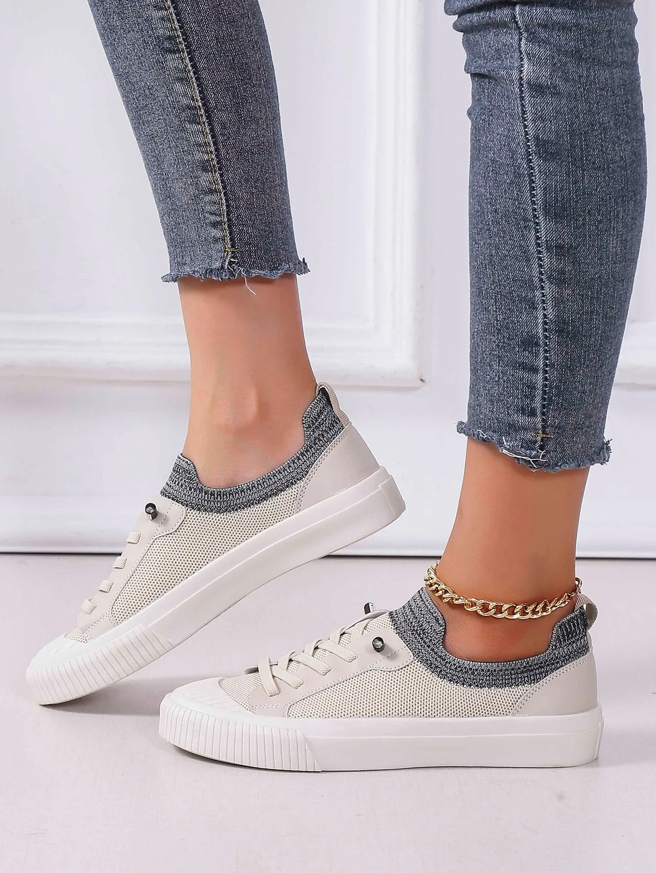 Two Tone Lace Up Design Canvas Skate Sneakers - Beige