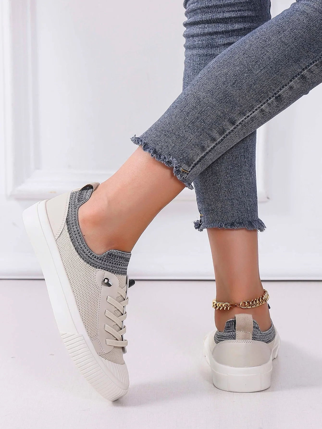 Two Tone Lace Up Design Canvas Skate Sneakers - Beige