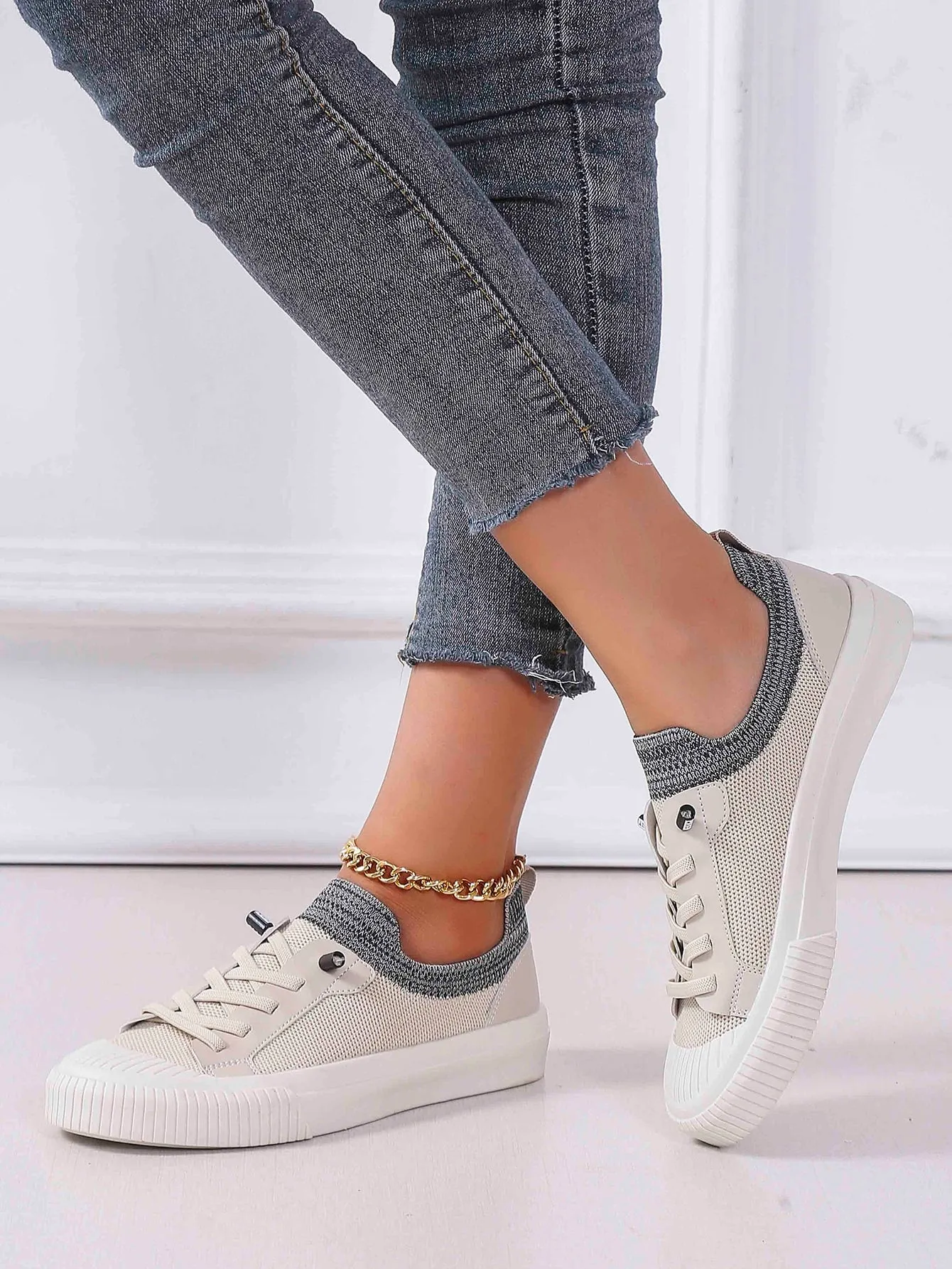 Two Tone Lace Up Design Canvas Skate Sneakers - Beige