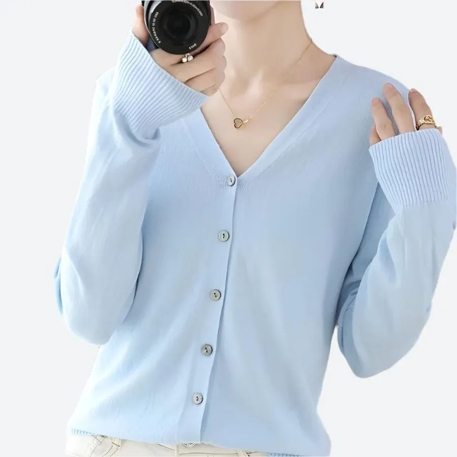 V-Neck Button-Up Ribbed Sleeve Cardigans