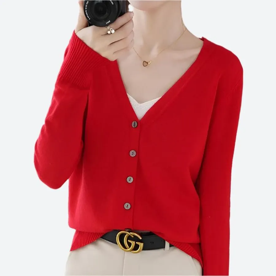 V-Neck Button-Up Ribbed Sleeve Cardigans