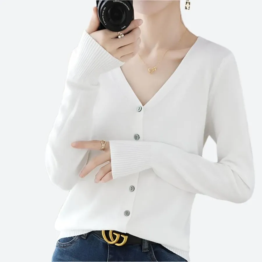 V-Neck Button-Up Ribbed Sleeve Cardigans