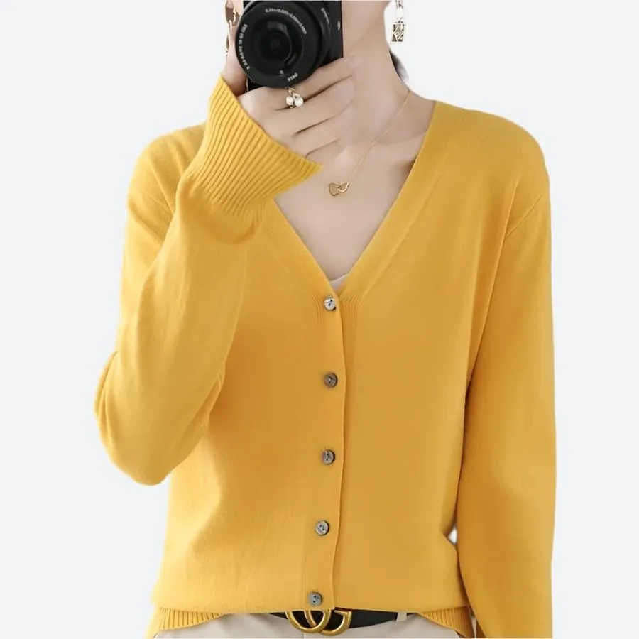 V-Neck Button-Up Ribbed Sleeve Cardigans