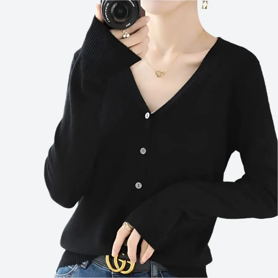 V-Neck Button-Up Ribbed Sleeve Cardigans