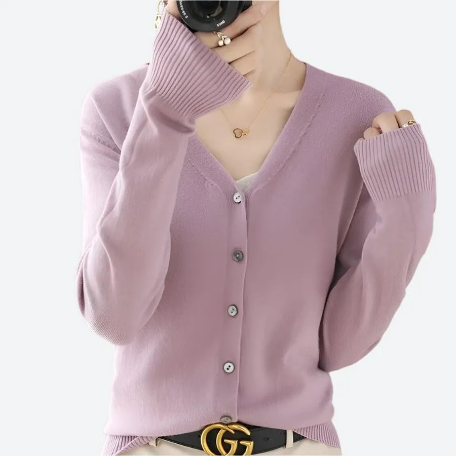 V-Neck Button-Up Ribbed Sleeve Cardigans