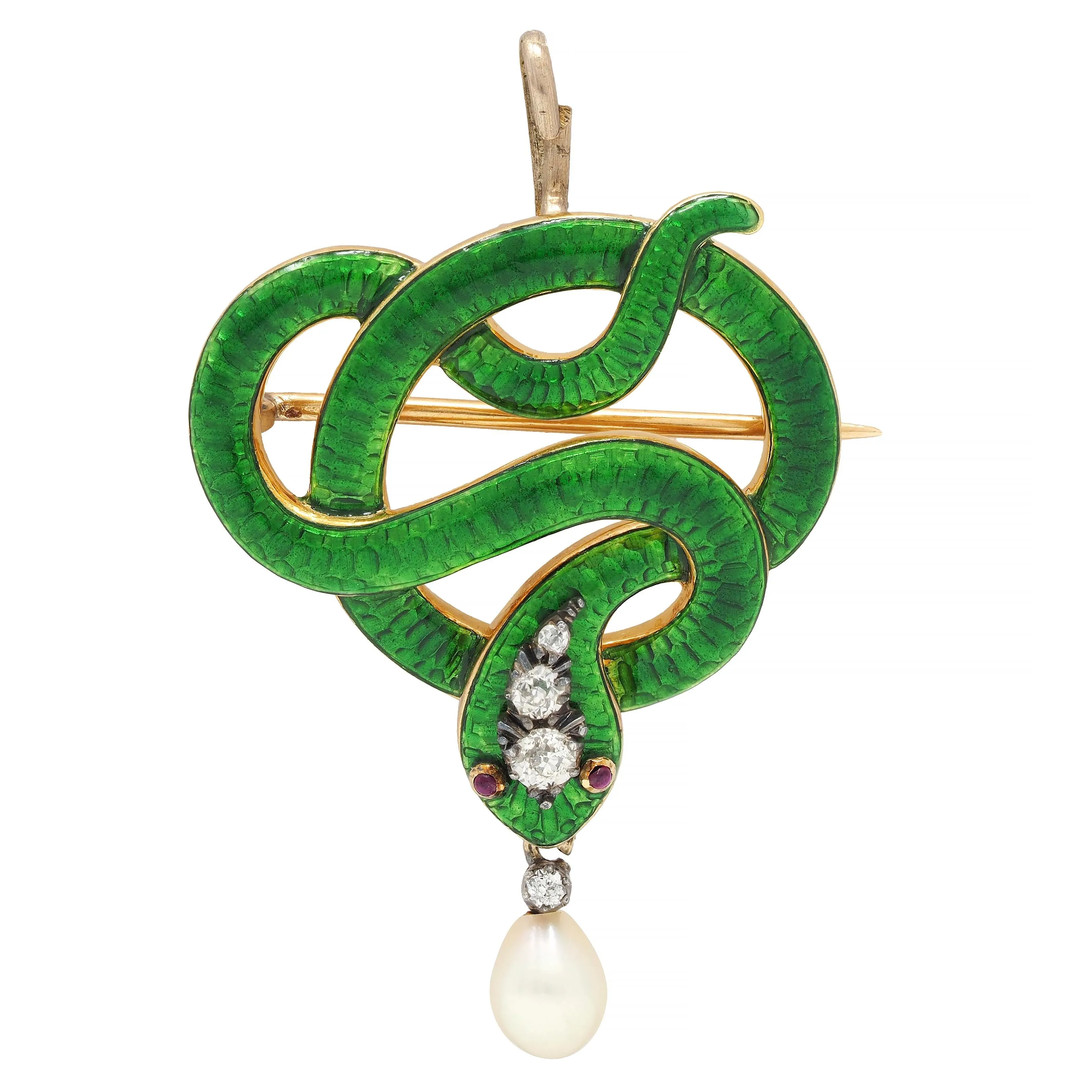 Victorian Diamond Ruby Pearl Basse-Taille Enamel 18 Karat Yellow Gold Silver- Topped Antique Snake Pendant Brooch