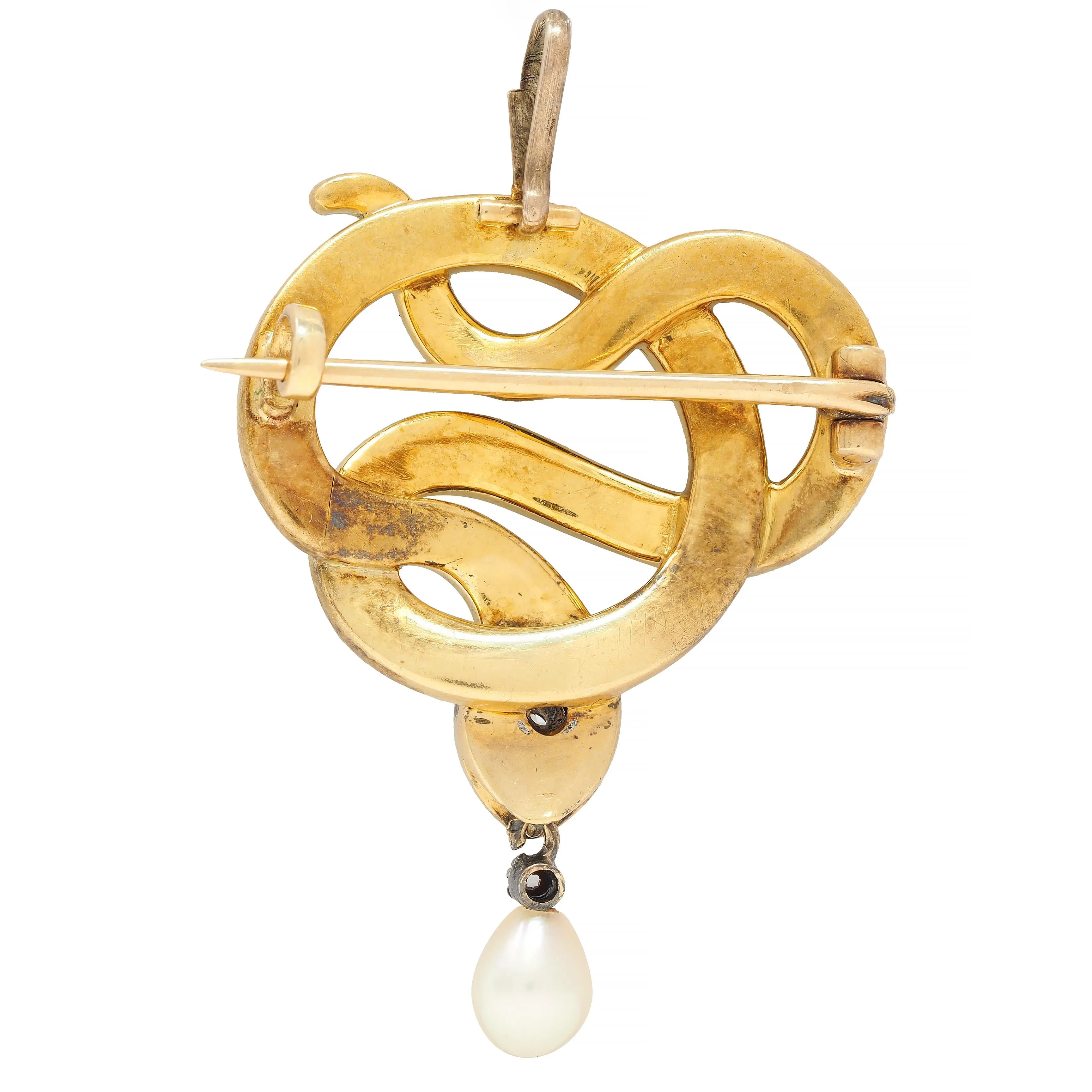 Victorian Diamond Ruby Pearl Basse-Taille Enamel 18 Karat Yellow Gold Silver- Topped Antique Snake Pendant Brooch