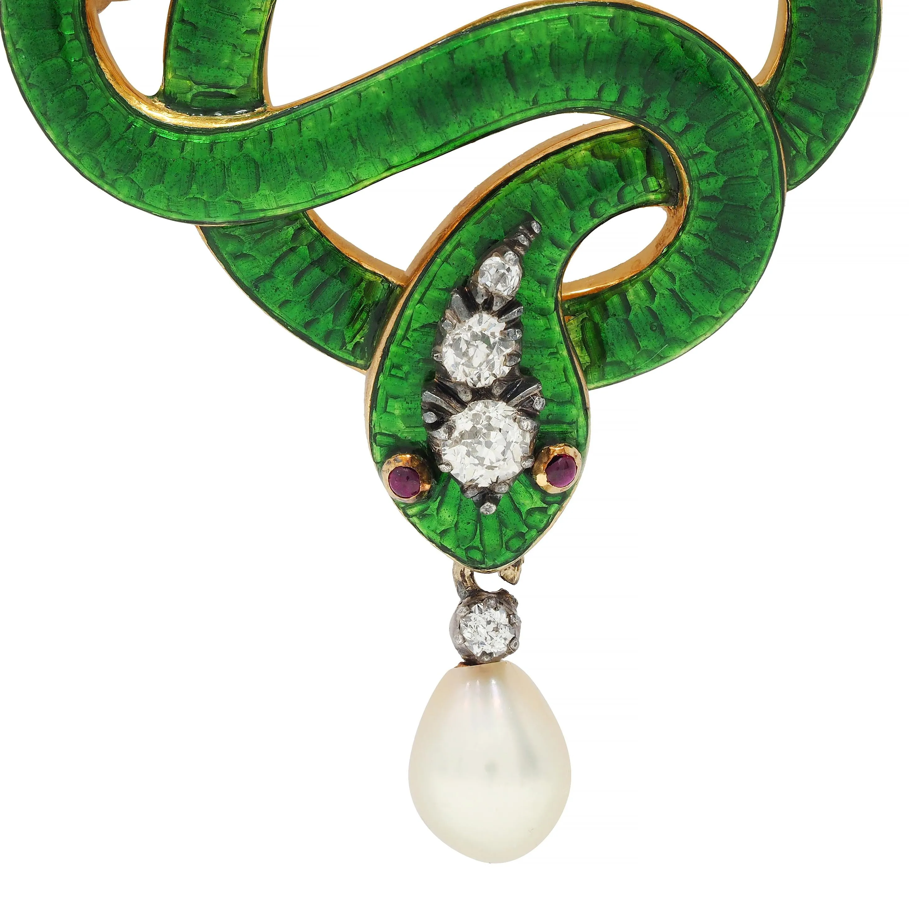 Victorian Diamond Ruby Pearl Basse-Taille Enamel 18 Karat Yellow Gold Silver- Topped Antique Snake Pendant Brooch