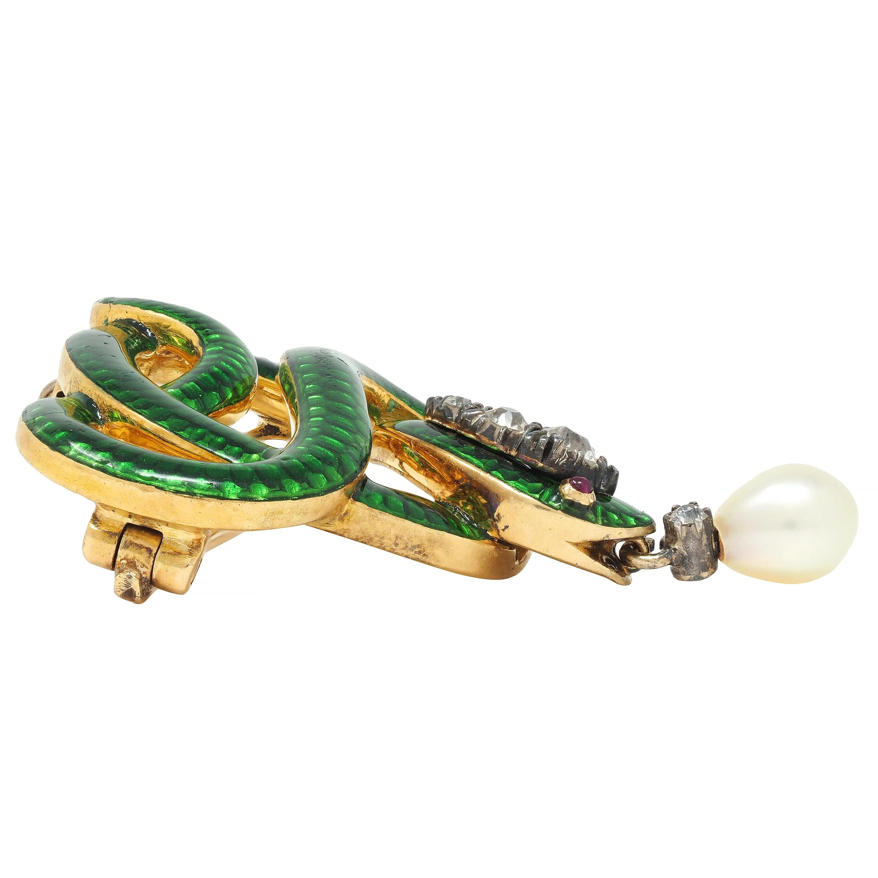 Victorian Diamond Ruby Pearl Basse-Taille Enamel 18 Karat Yellow Gold Silver- Topped Antique Snake Pendant Brooch