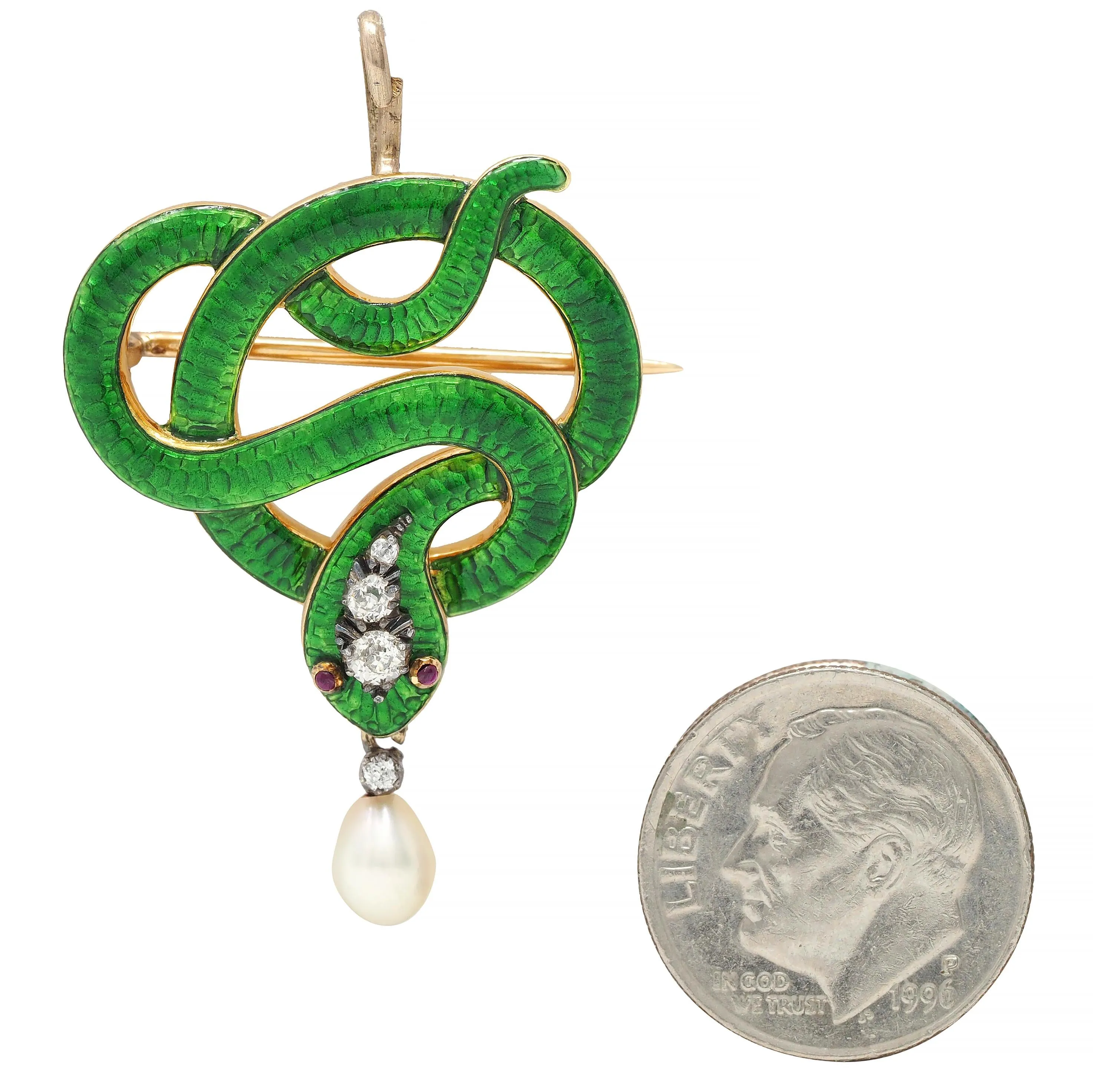 Victorian Diamond Ruby Pearl Basse-Taille Enamel 18 Karat Yellow Gold Silver- Topped Antique Snake Pendant Brooch