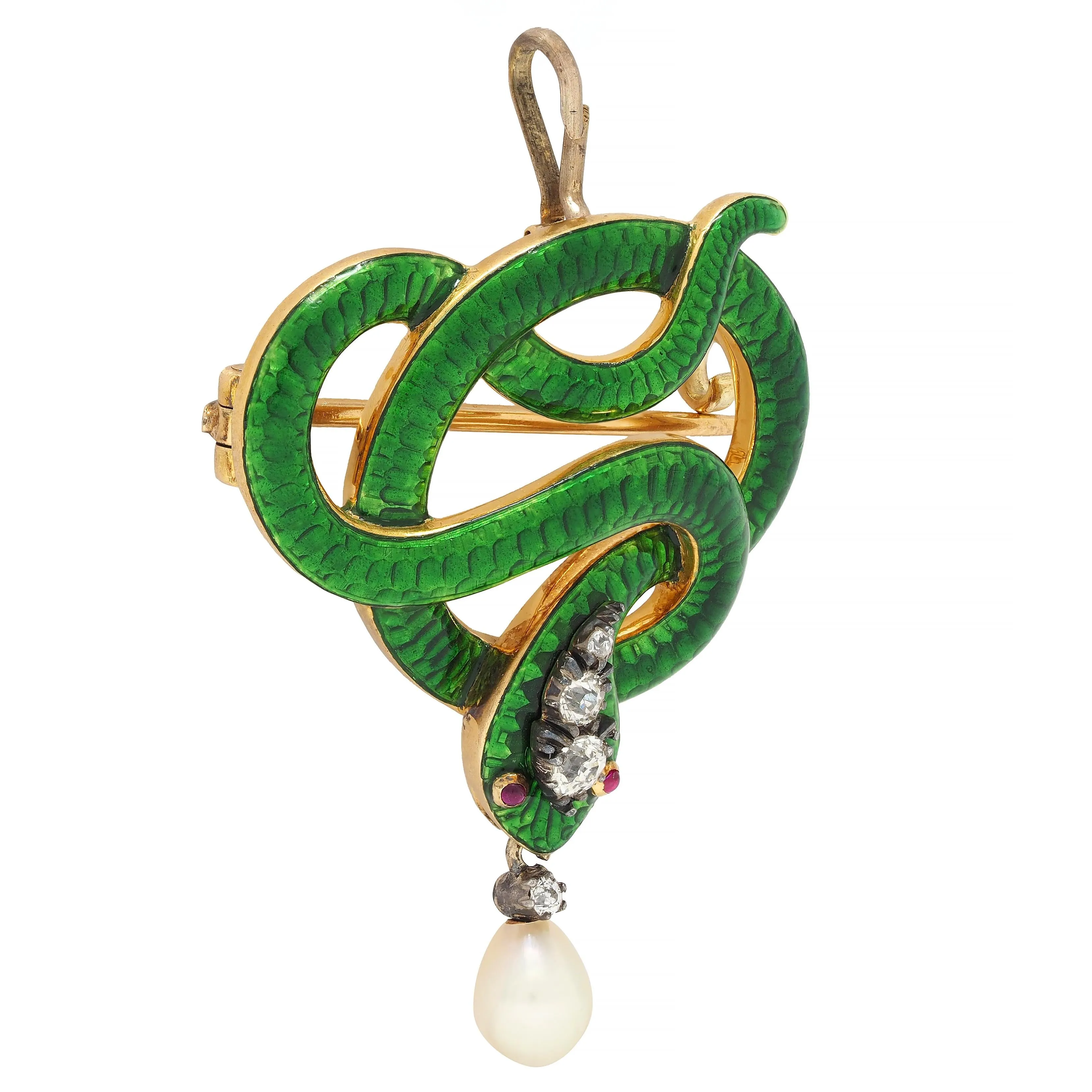 Victorian Diamond Ruby Pearl Basse-Taille Enamel 18 Karat Yellow Gold Silver- Topped Antique Snake Pendant Brooch