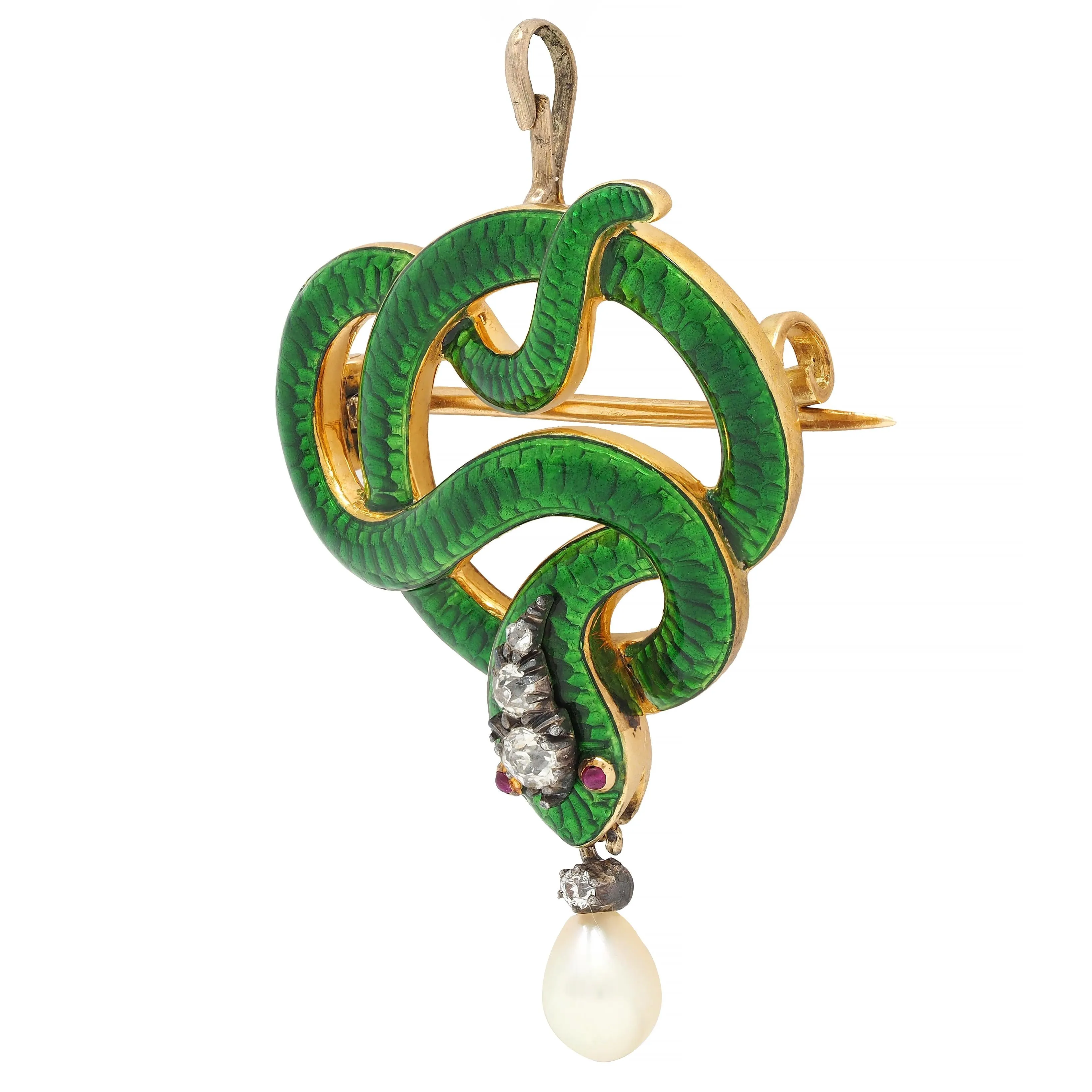 Victorian Diamond Ruby Pearl Basse-Taille Enamel 18 Karat Yellow Gold Silver- Topped Antique Snake Pendant Brooch