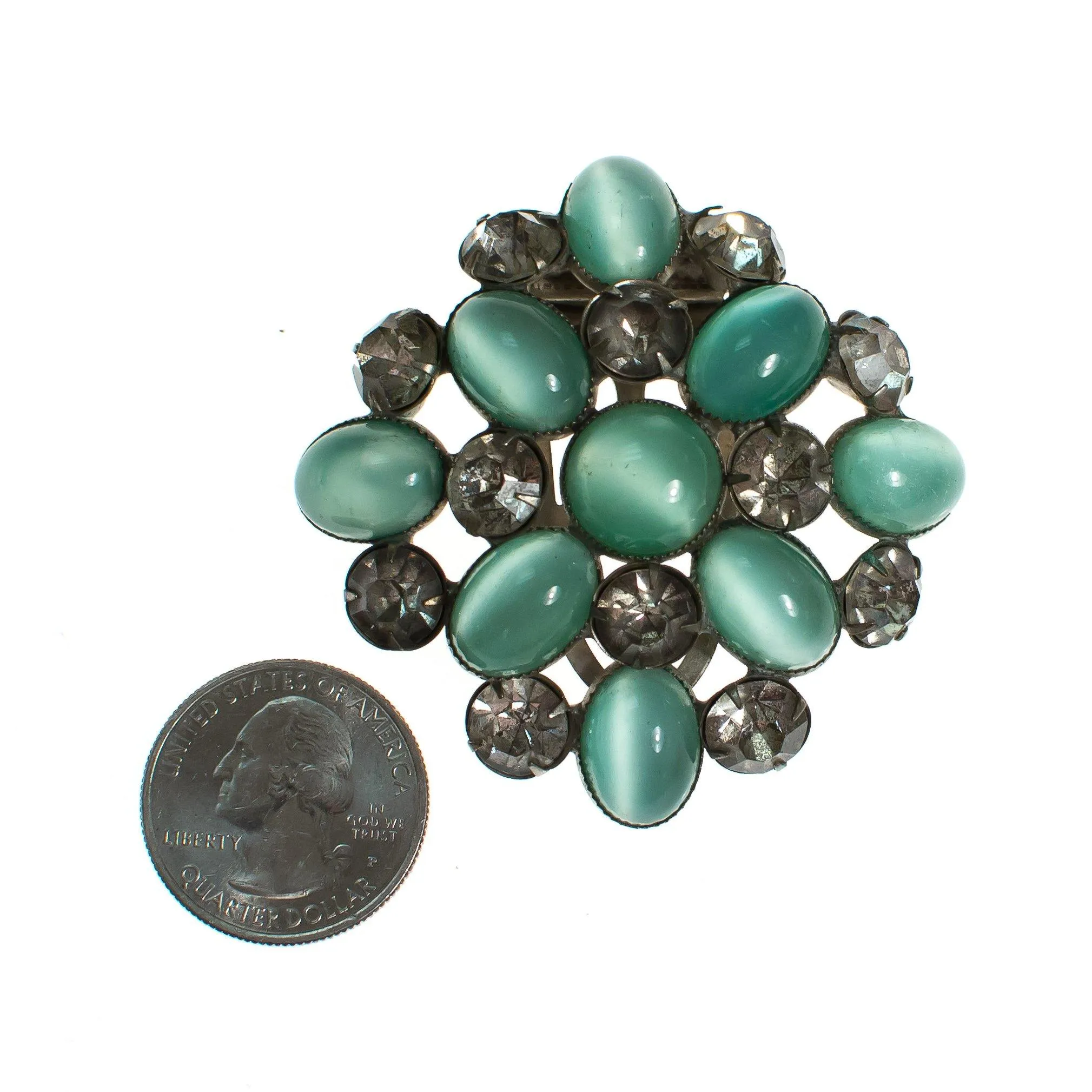 Vintage Art Deco Era Dress, Fur Clip with Rhinestones and Light Green Cats Eye Cabochon Rhinestones