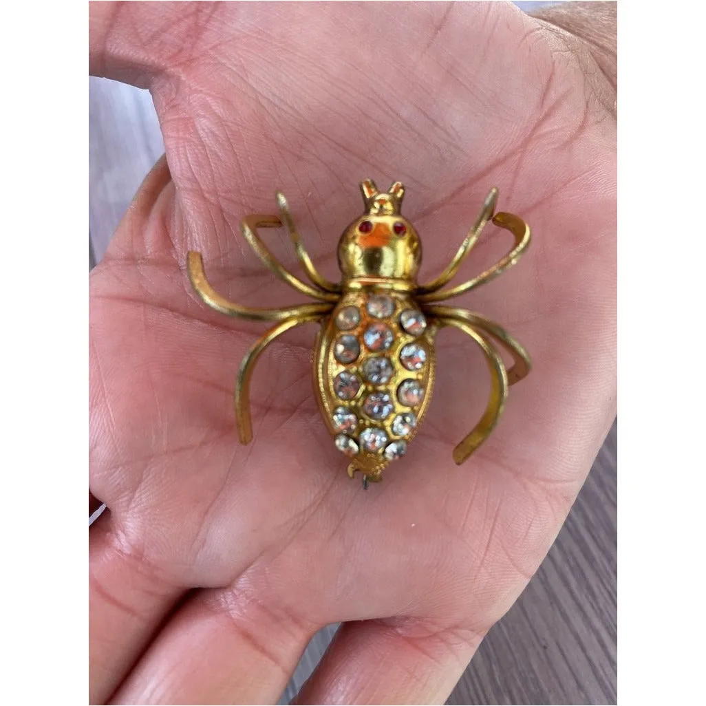 Vintage  Beetle Insect Bug Brooch w/ Rhinestones 1940s Large