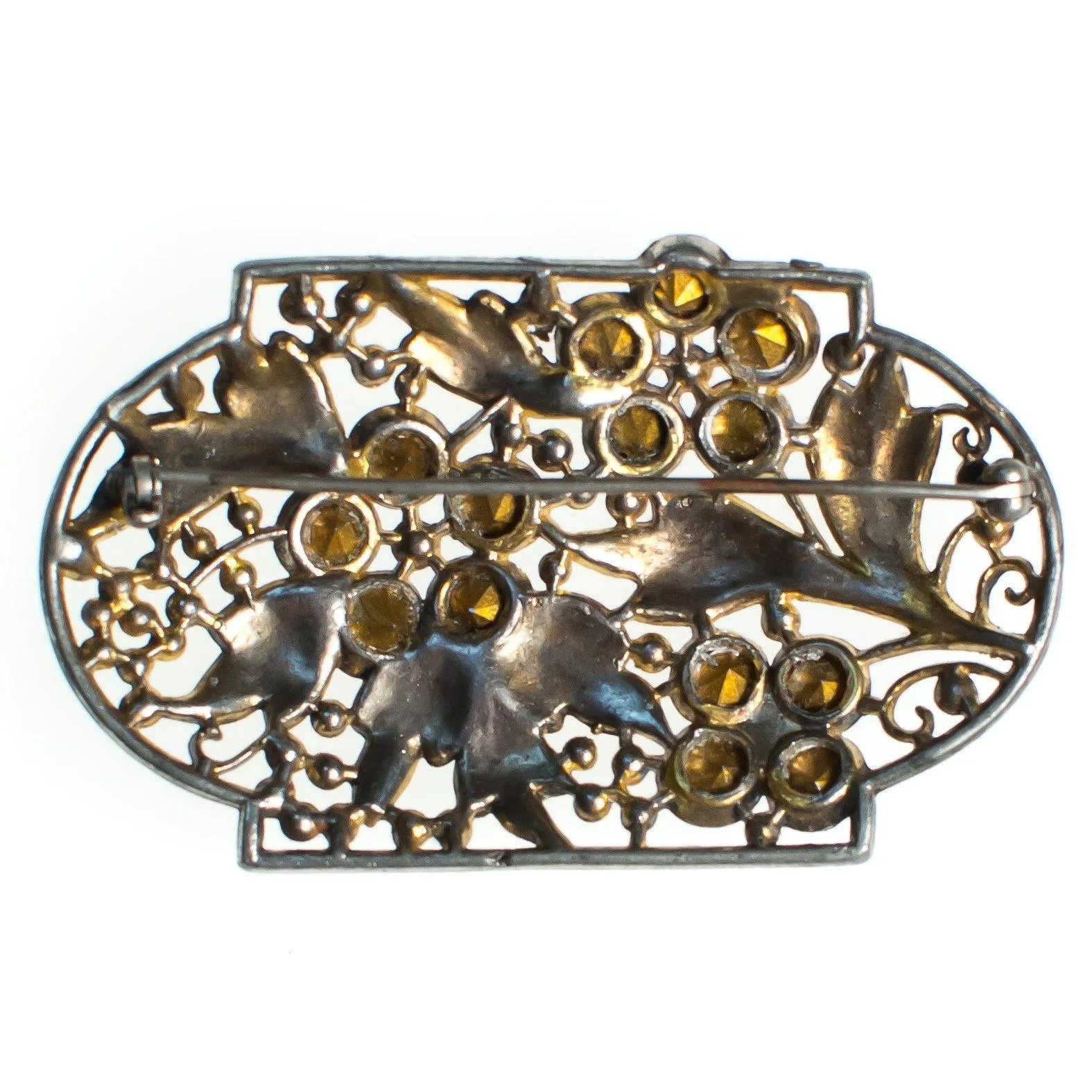 Vintage Czech Floral Brooch with Blue Rhinestones, Gold Tone Setting, Brooches and Pins