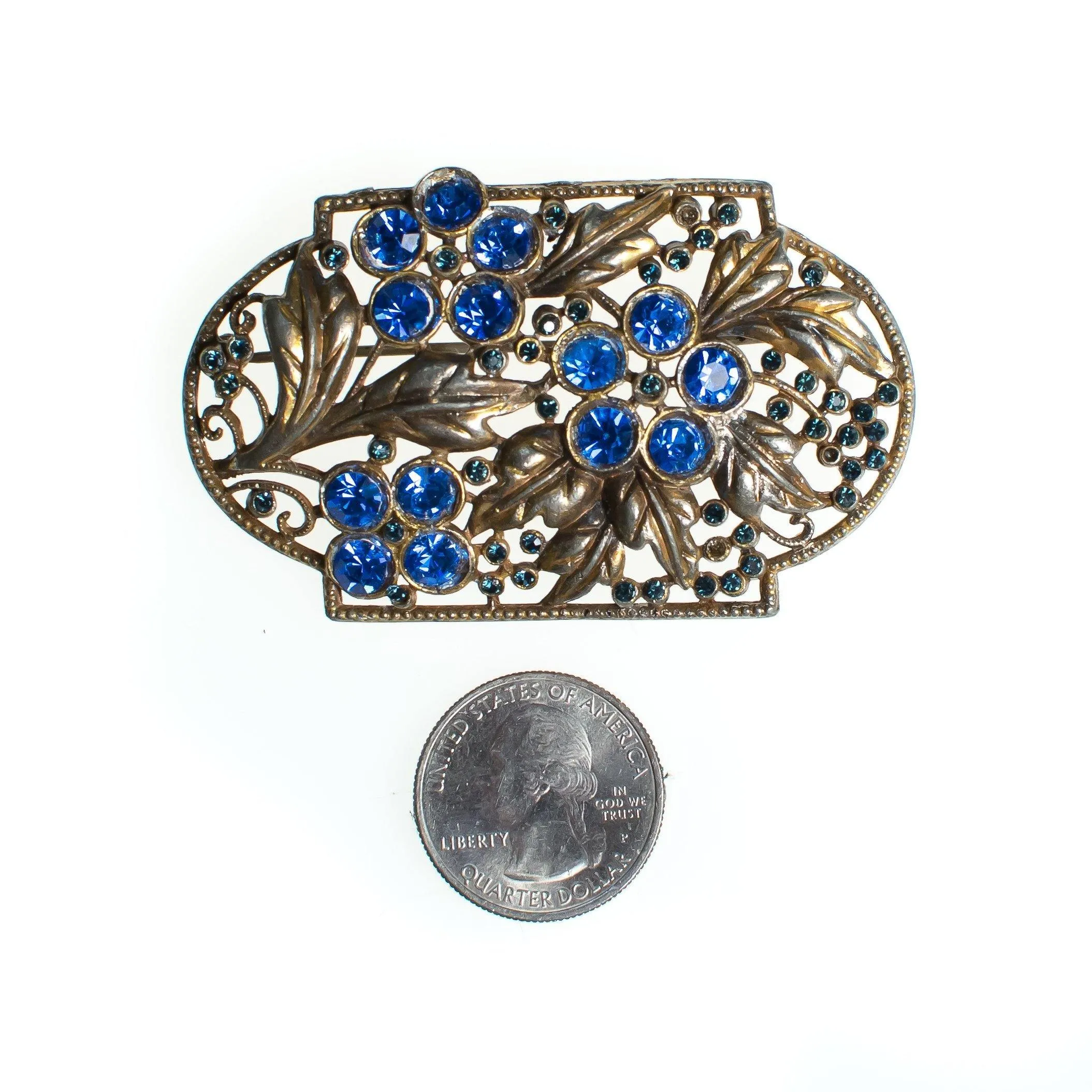 Vintage Czech Floral Brooch with Blue Rhinestones, Gold Tone Setting, Brooches and Pins